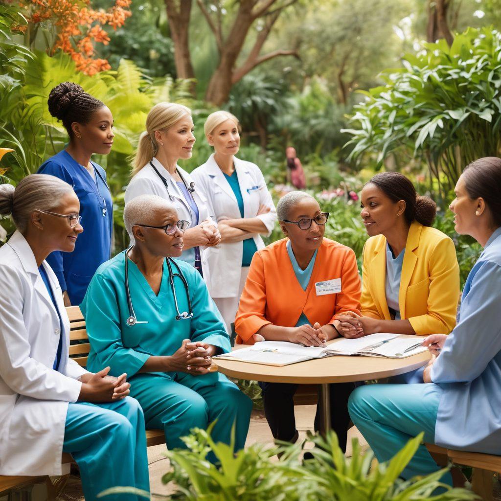 A hopeful scene illustrating a diverse group of patients and healthcare professionals engaged in a discussion about cancer treatment options, surrounded by vibrant educational materials and support resources. The background features a serene botanical garden symbolizing healing and strength. The expression of determination and optimism on the faces of the individuals conveys empowerment and community support. super-realistic. vibrant colors. natural light.