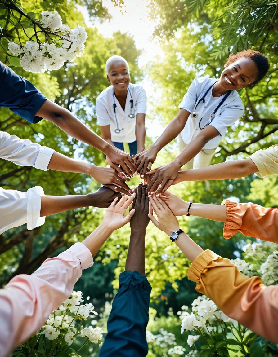A serene and supportive scene depicting a diverse group of individuals holding hands in a circle, symbolizing unity in cancer advocacy. In the background, a soft sunlight filters through a lush green park filled with blooming flowers, representing hope and healing. Encapsulate elements of both diagnosis and treatment, like a stethoscope and supportive hands. The scene should evoke feelings of compassion, strength, and community. super-realistic. vibrant colors. soft focus.