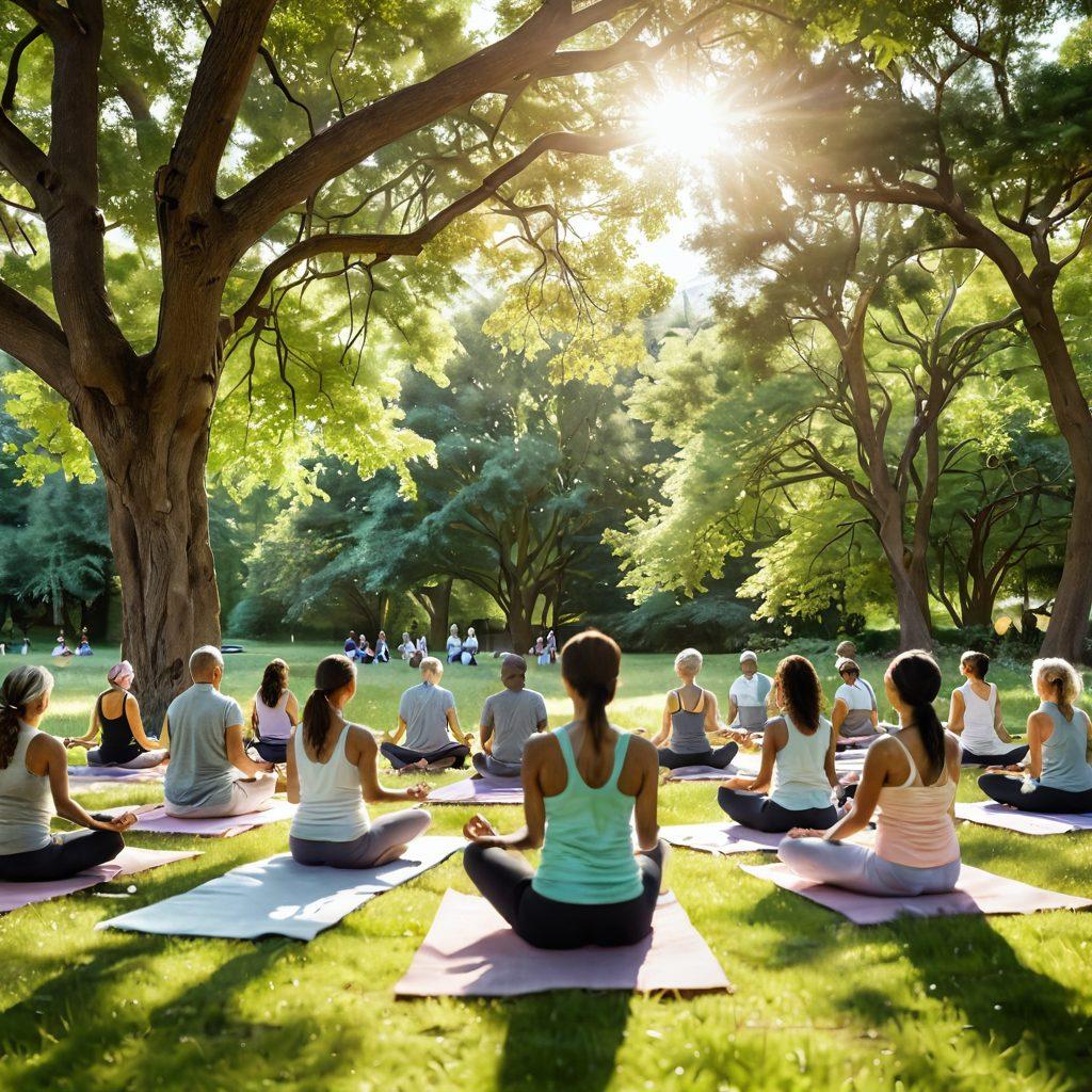 A serene gathering of diverse cancer survivors in a lush green park, engaging in wellness activities like yoga and meditation, surrounded by supportive friends and family, with soft sunlight filtering through trees, radiating warmth and hope. Illustrate elements of strength, resilience, and community bonding. soft pastel colors. super-realistic.